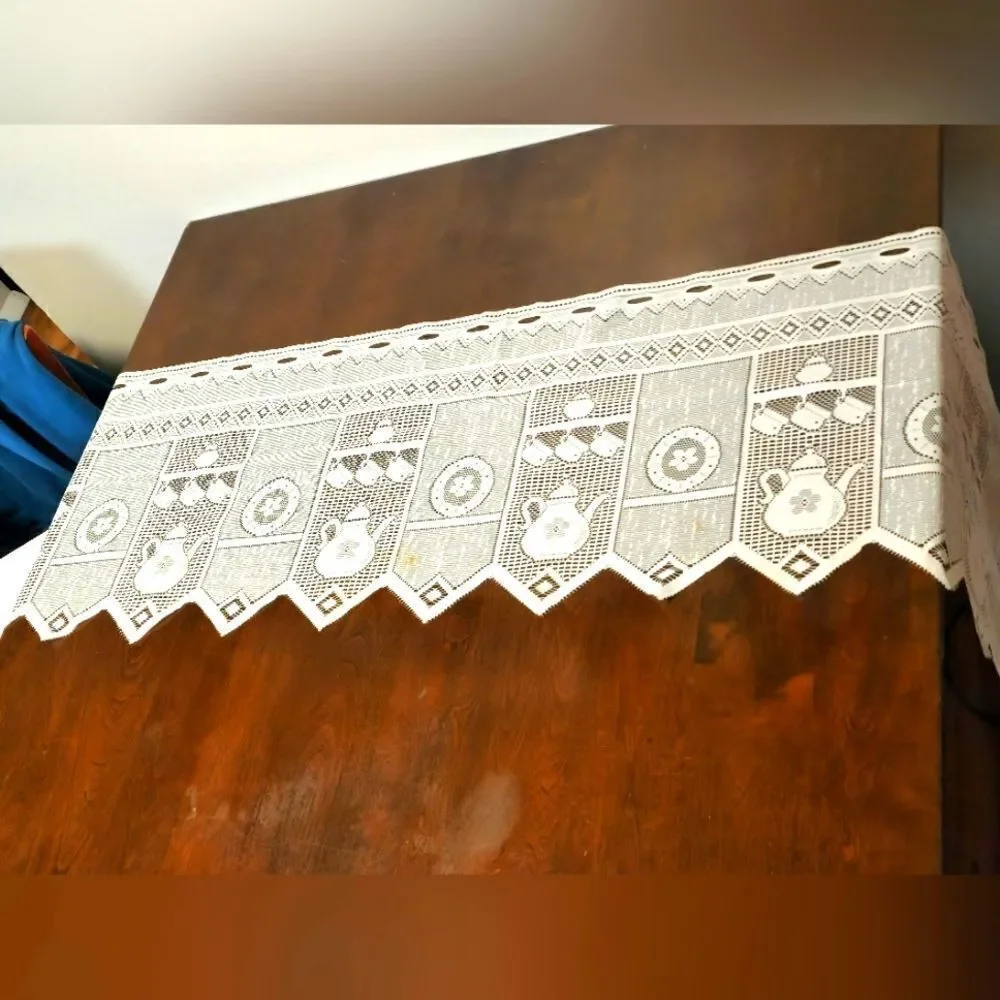 Vintage french jacquard white lace table runner w/coffee pot and cup design